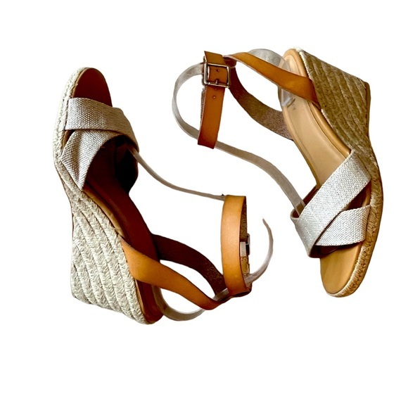 Old Navy Oatmeal Canvas & Tan Leather Espadrille Wedges Size 8.5 - Picture 1 of 9